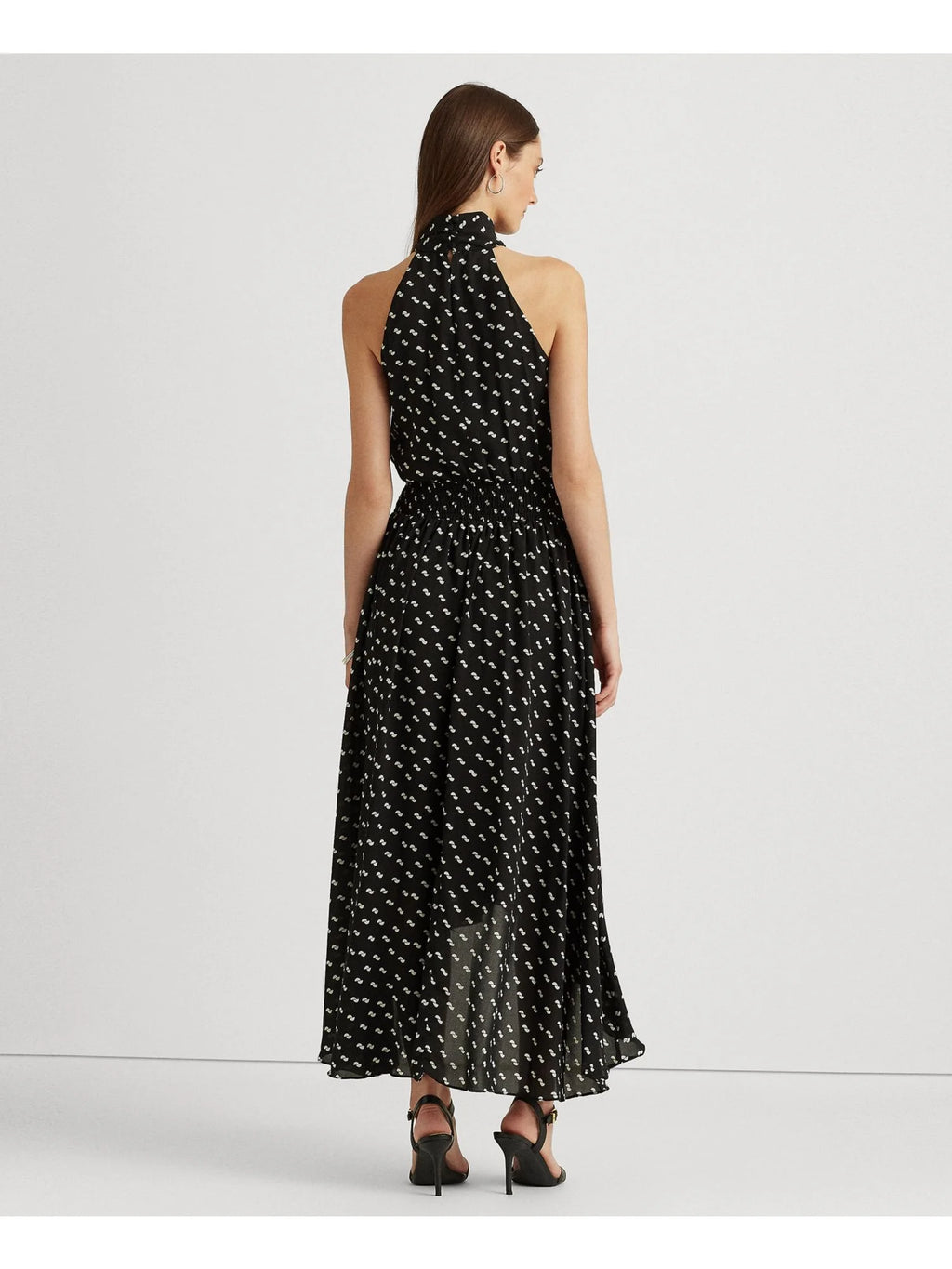 Black Smocked Tie Keyhole Back Lined Printed Sleeveless Halter Maxi Hi-Lo Dress X685161