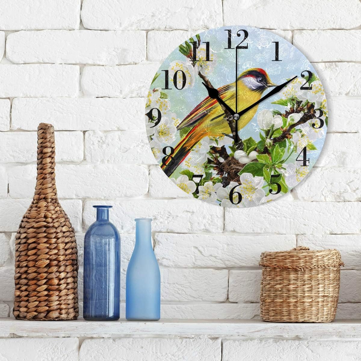 Yellow Bird Cherry Blossoms 9.8 Inch Silent Round Wall Clock U46755