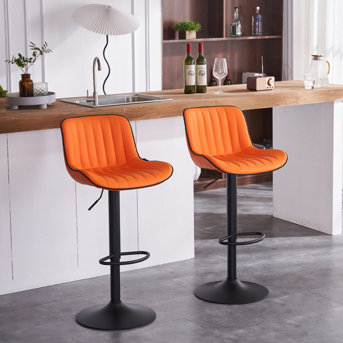 Orange PU Leather Adjustable Swivel Bar Stools Set of 2 D707