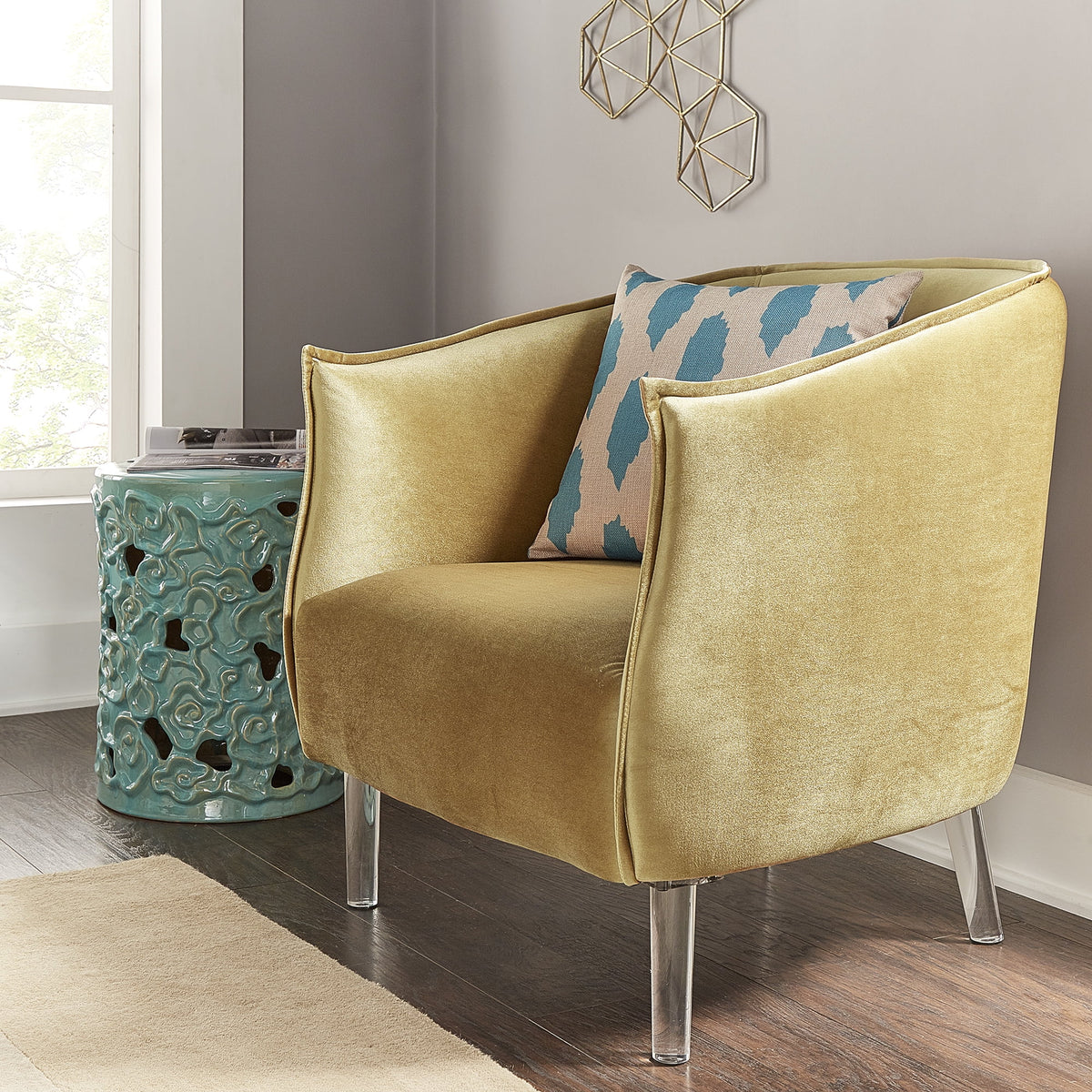 Velvet Accent Barrel Chair with Clear Legs V14272