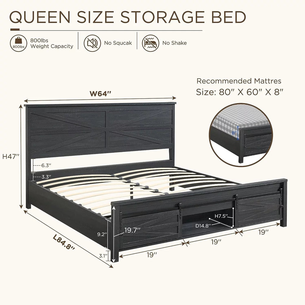 Black Queen Size Platform Bed Frame with Headboard and Storage E548688