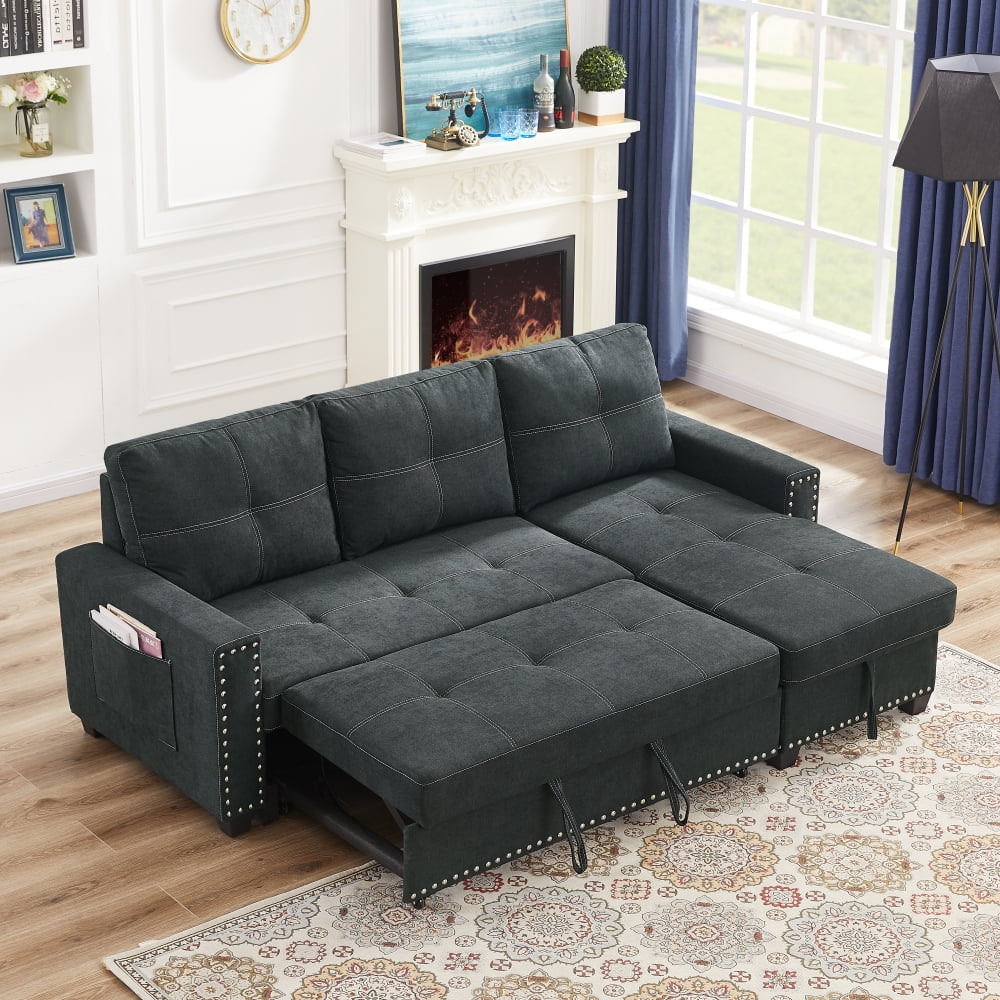 Black Fabric Sectional Sofa with Pull Out Bed Q33286