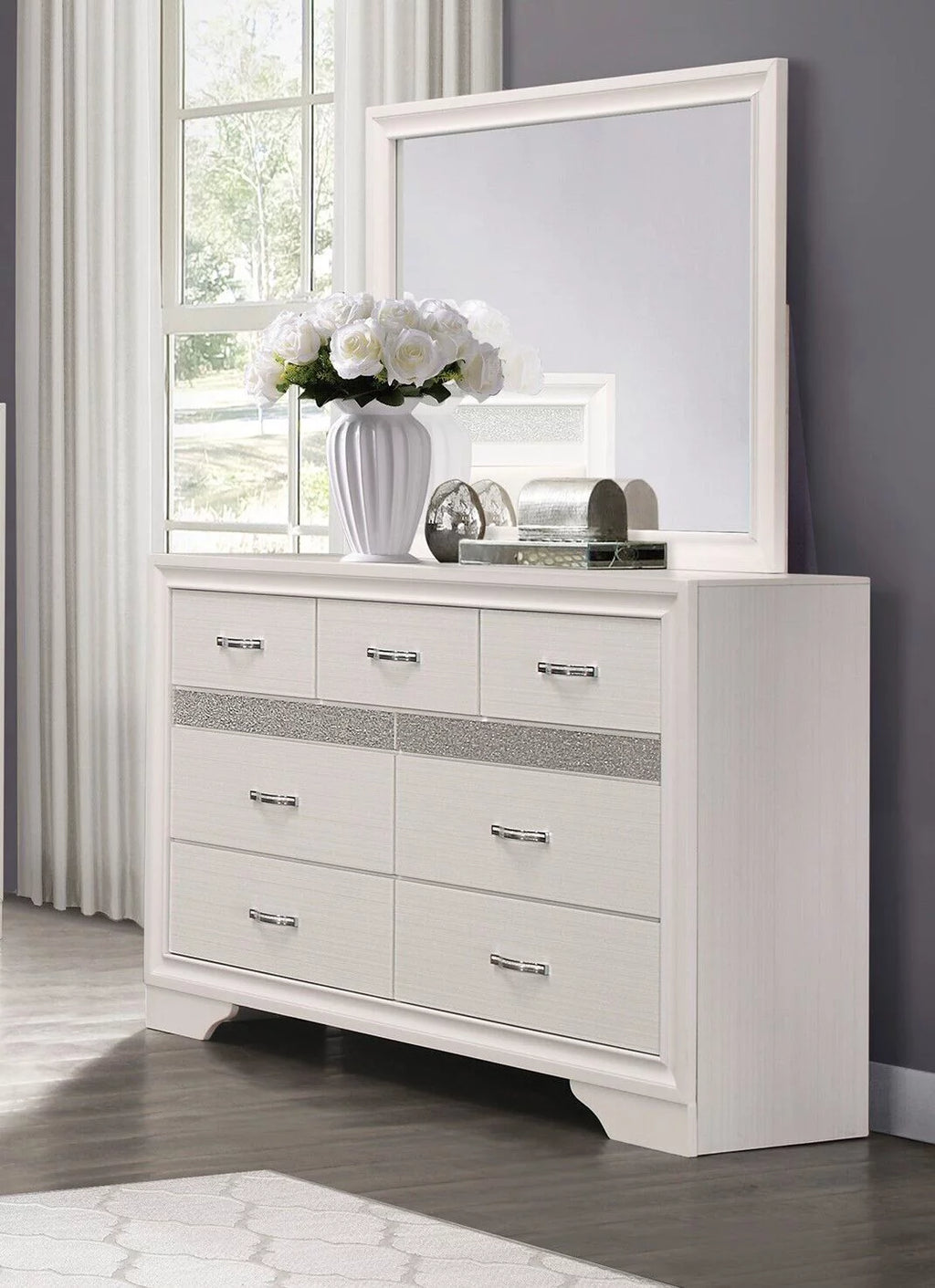 White Glitter 4pc Queen Bedroom Set Platform Bed Dresser Nightstand Mirror U9549