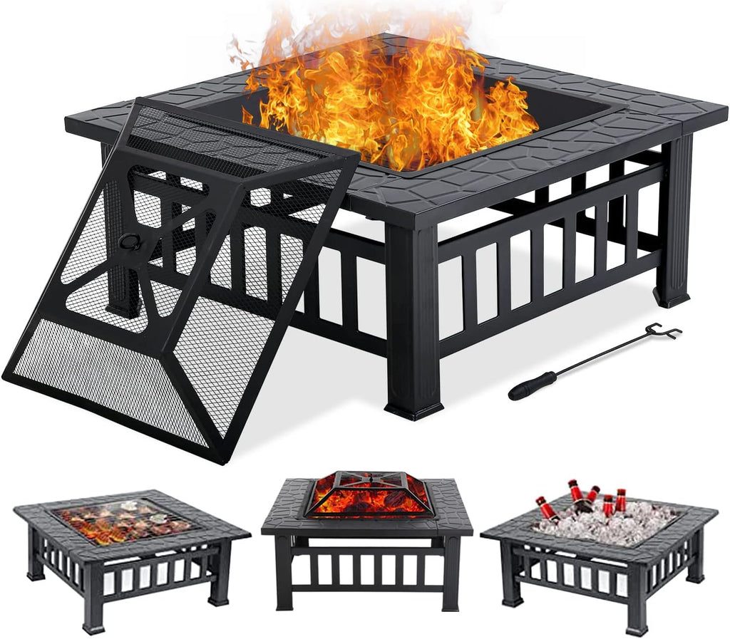 Black Square Wood Burning Fire Pit Table J446