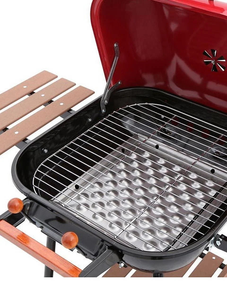 Charcoal BBQ Steel Grill with Adjustable Cooking Grate and Side Table O432
