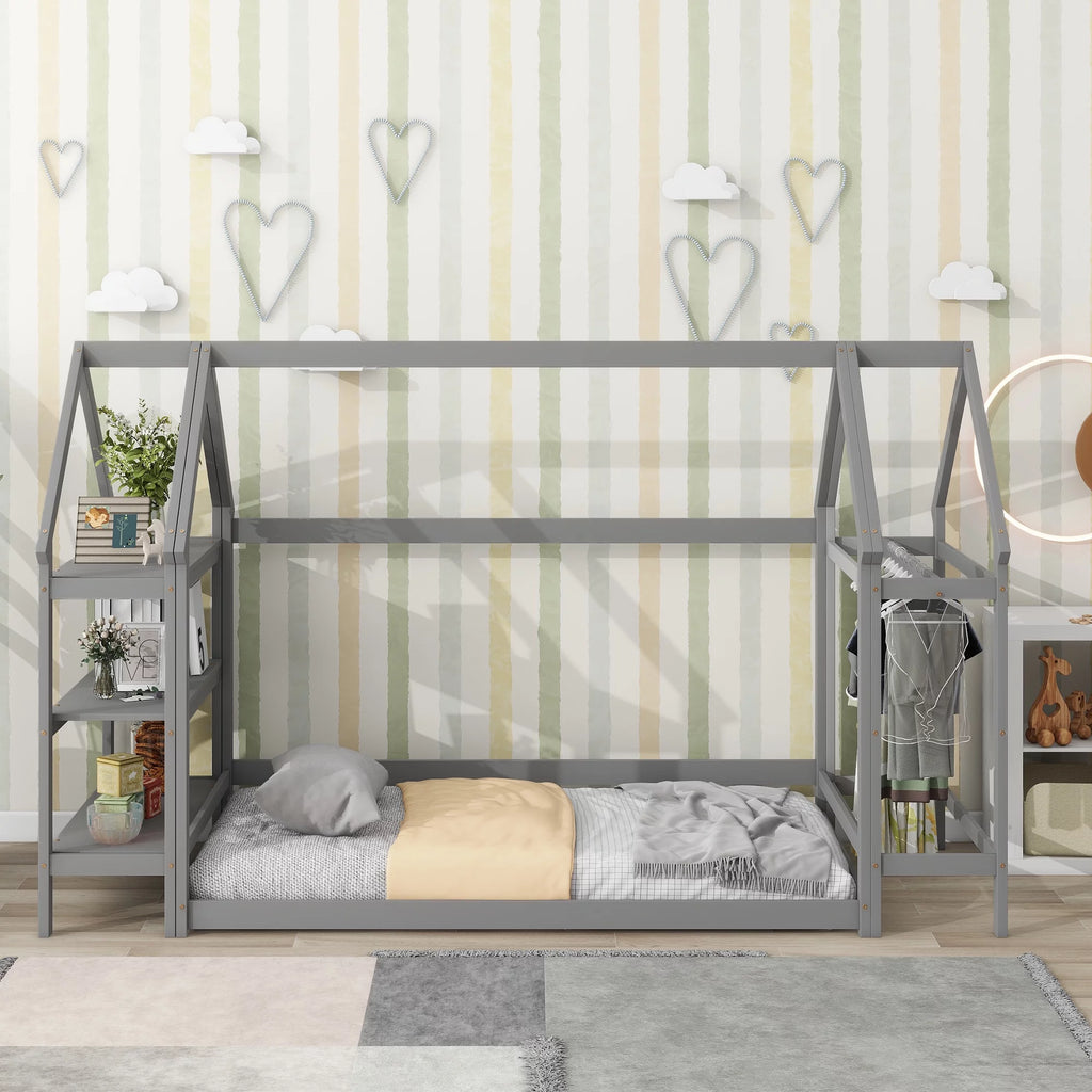 Twin House-Shaped Floor Bed Frame with 2 Detachable Stands U53193