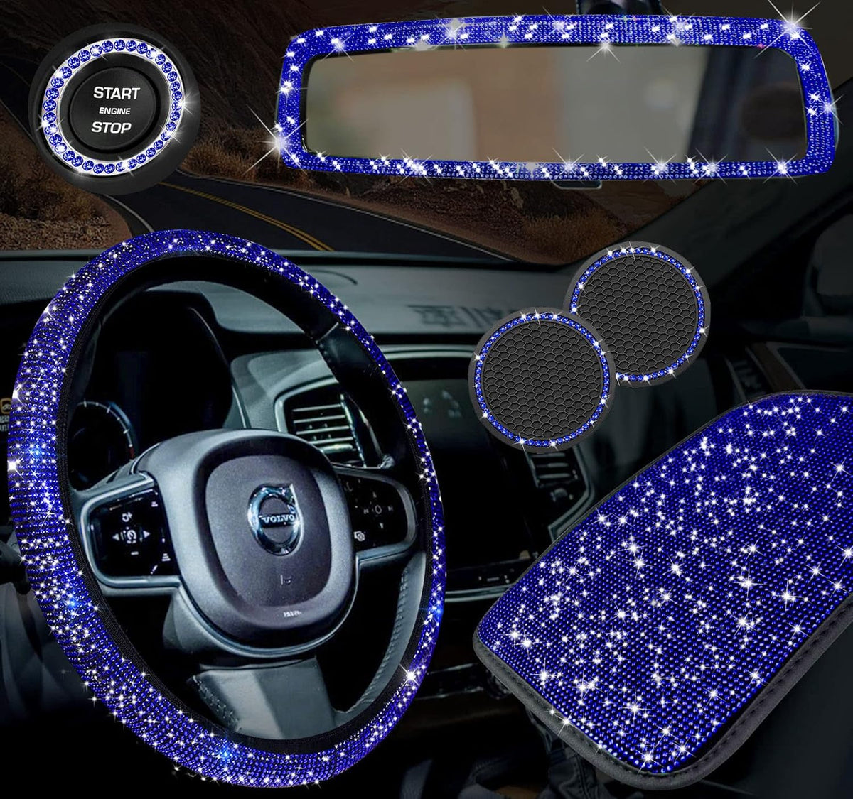 6 PACK Rhinestone Car Decor Crystal Rear View Mirror Center Console Protective Cover Diamond Leather Steering Wheel 2 Coasters Push Start Button Cover Multicolor C168