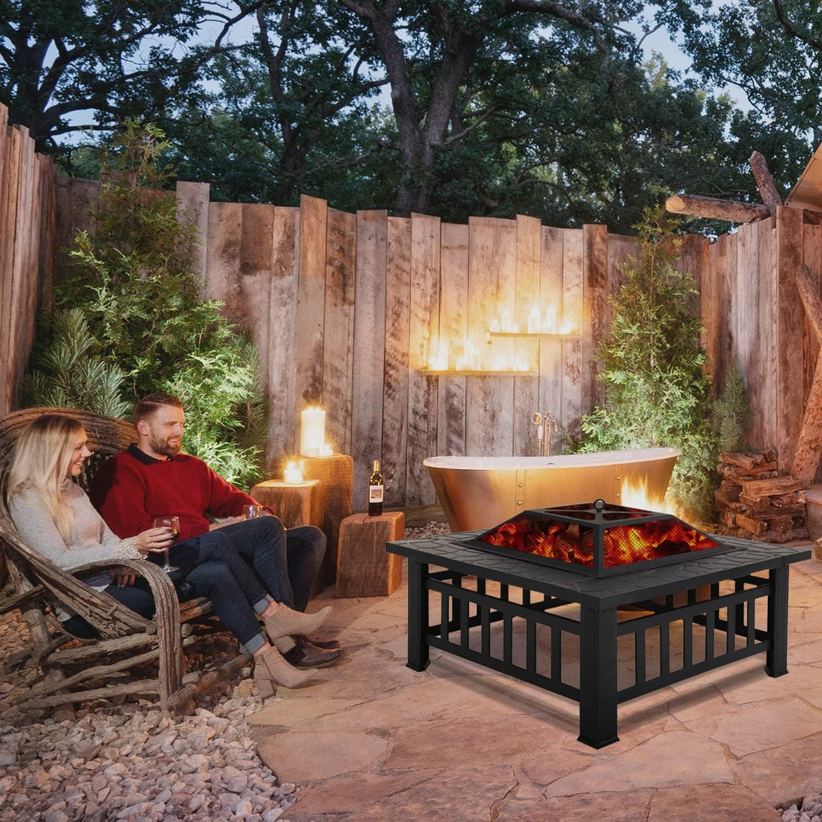 Black Square Wood Burning Fire Pit Table J446
