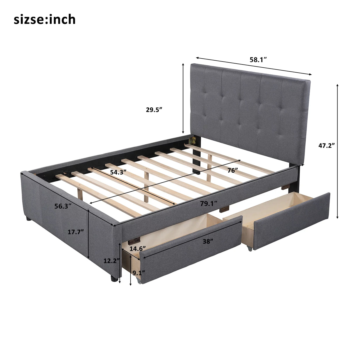 Full Size Upholstered Platform Bed with Two Storage Drawers H5384