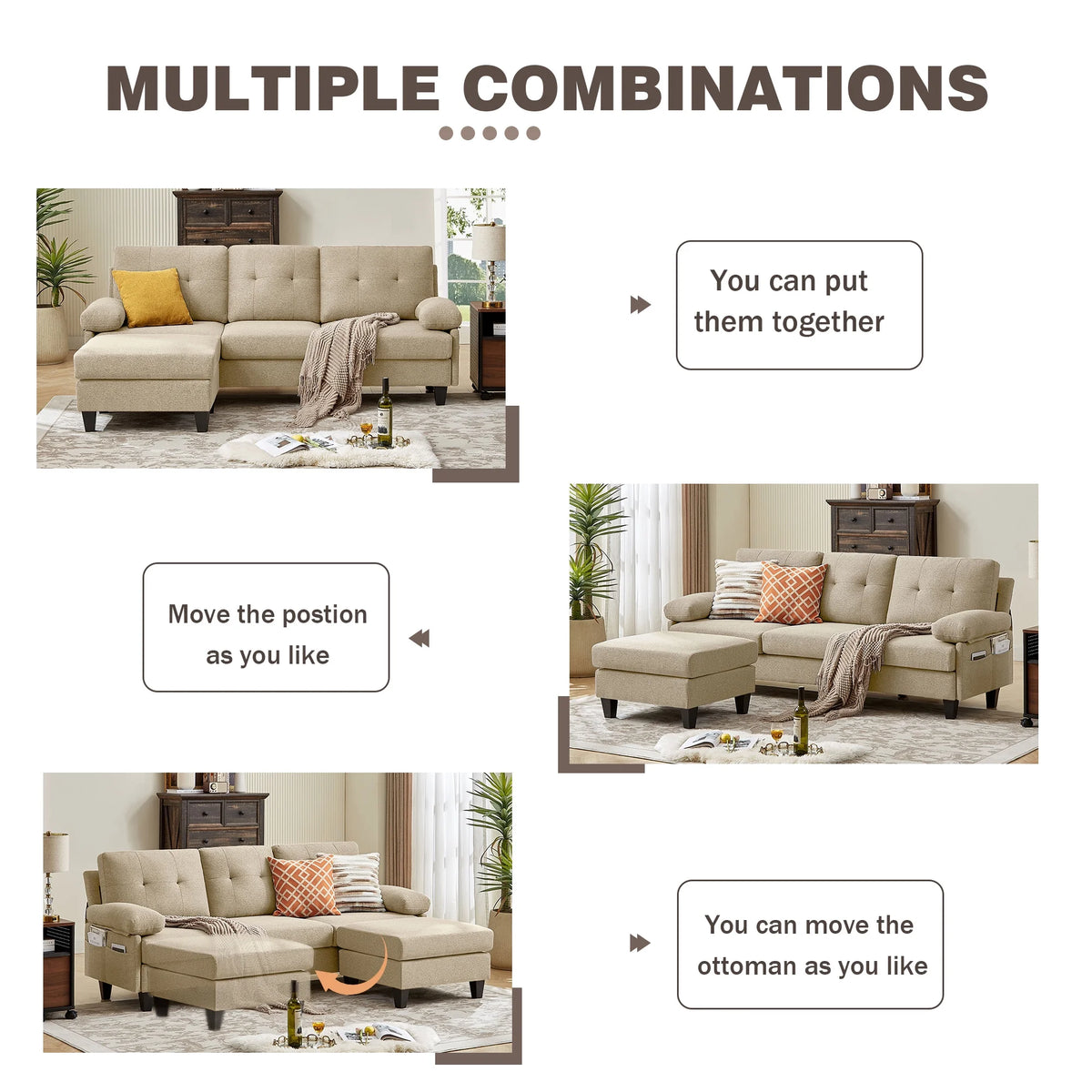 Modern Fabric L-Shaped Sectional Sofa with Chaise M90593