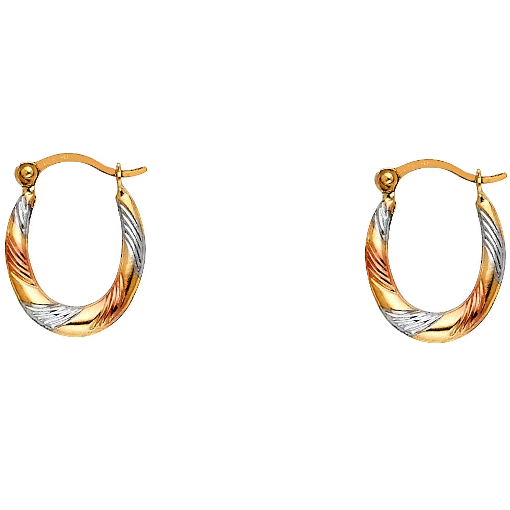 Oval Hoop Earrings Solid 14k Yellow White Rose Gold Diamond Cut Hollow 15 x 12 mm Y34487