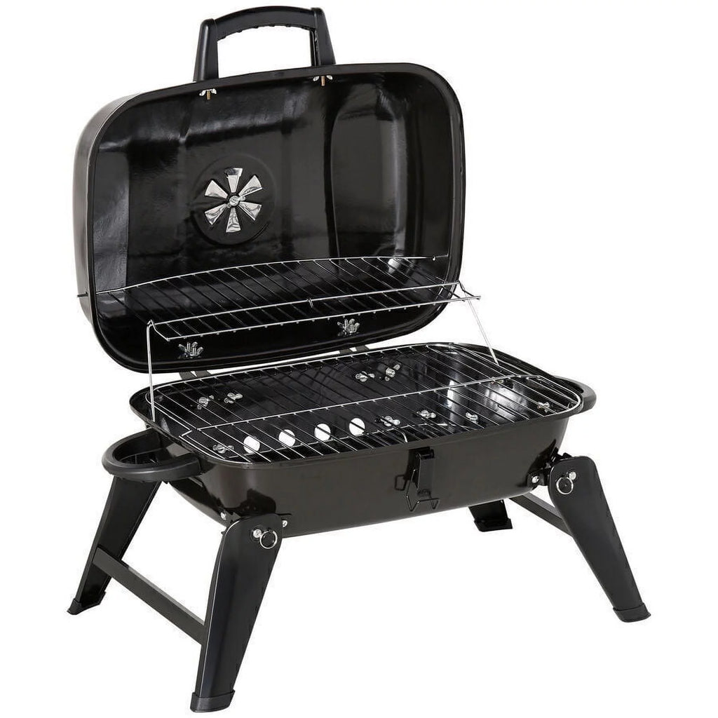 Portable Charcoal Grill, Tabletop Small BBQ Grill, Enamel Coated, Folding Legs, Black R65452
