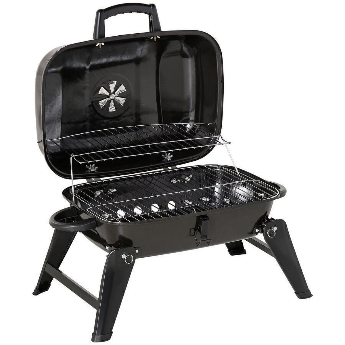 Portable Charcoal Grill, Tabletop Small BBQ Grill, Enamel Coated, Folding Legs, Black R65452