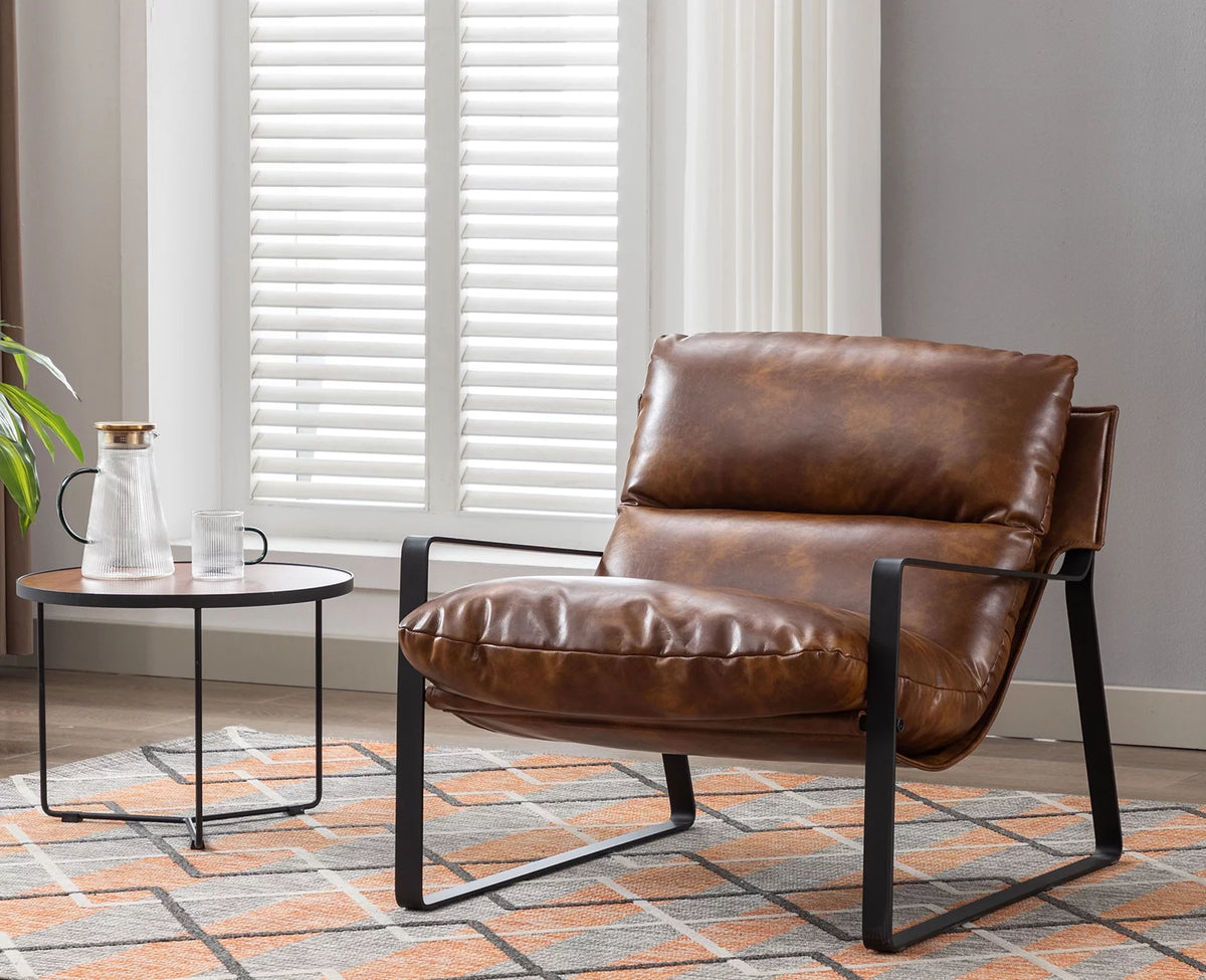 Brown Faux Leather Upholstered Accent Armchair with Metal Base U18809